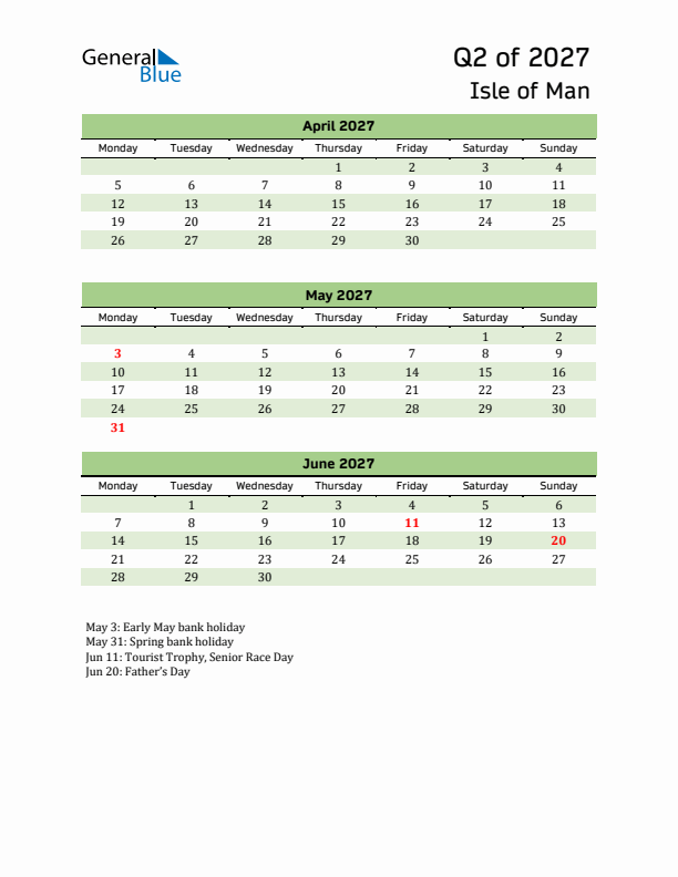 Quarterly Calendar 2027 with Isle of Man Holidays