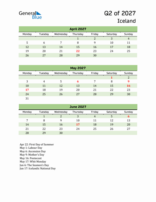 Quarterly Calendar 2027 with Iceland Holidays