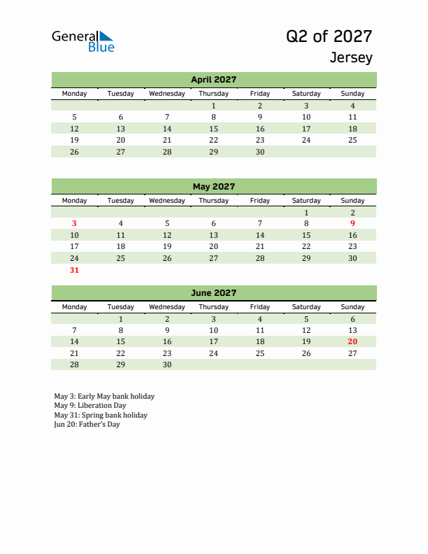 Quarterly Calendar 2027 with Jersey Holidays