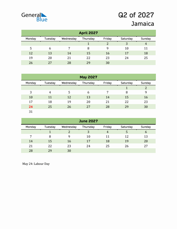 Quarterly Calendar 2027 with Jamaica Holidays