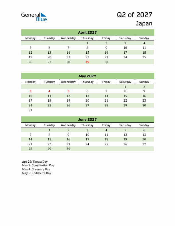 Quarterly Calendar 2027 with Japan Holidays