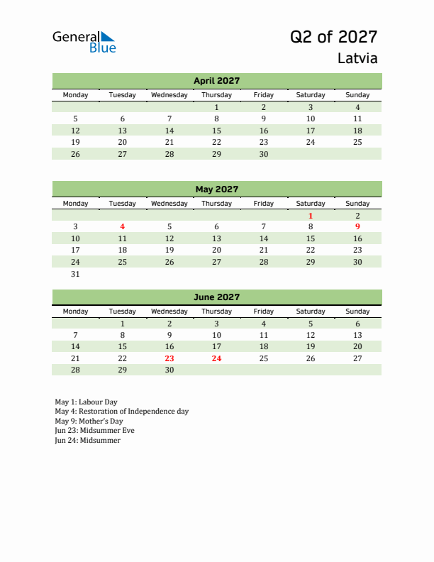 Quarterly Calendar 2027 with Latvia Holidays