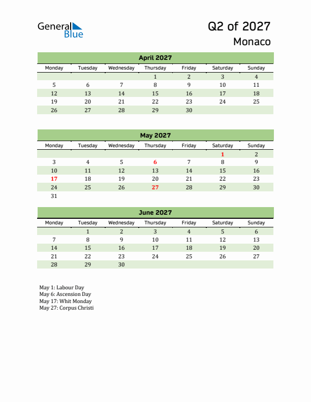 Quarterly Calendar 2027 with Monaco Holidays