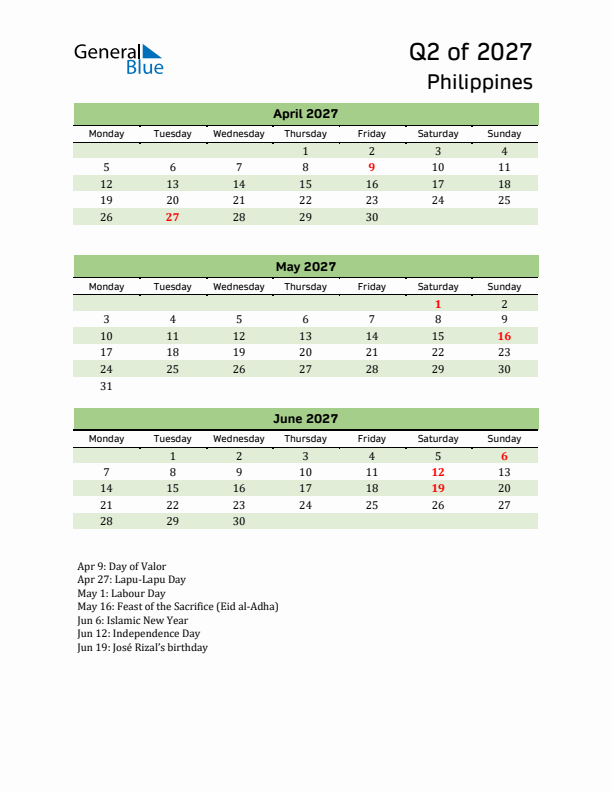 Quarterly Calendar 2027 with Philippines Holidays