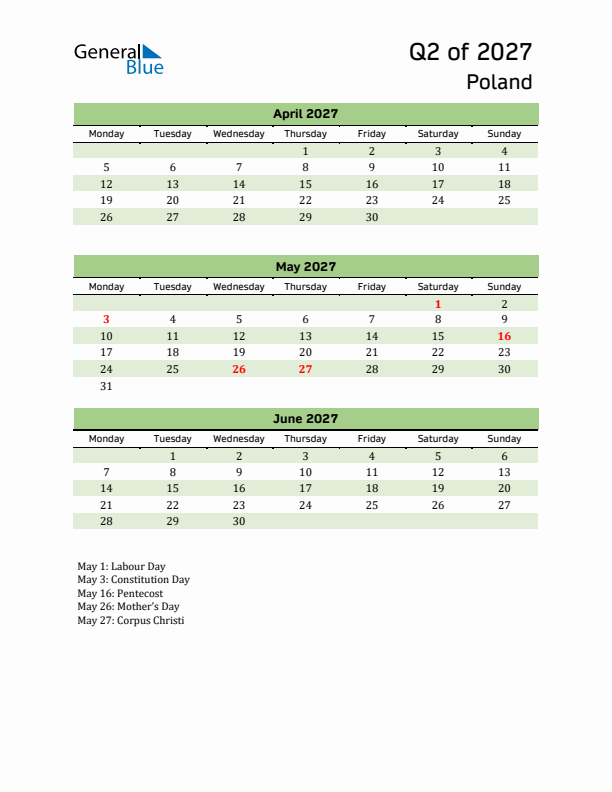 Quarterly Calendar 2027 with Poland Holidays