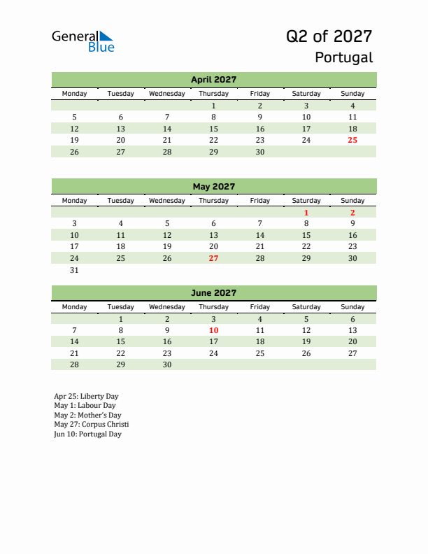 Quarterly Calendar 2027 with Portugal Holidays