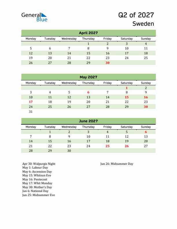 Quarterly Calendar 2027 with Sweden Holidays