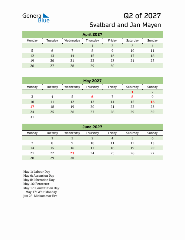 Quarterly Calendar 2027 with Svalbard and Jan Mayen Holidays