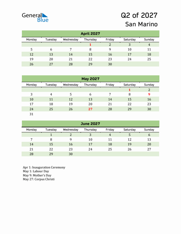 Quarterly Calendar 2027 with San Marino Holidays