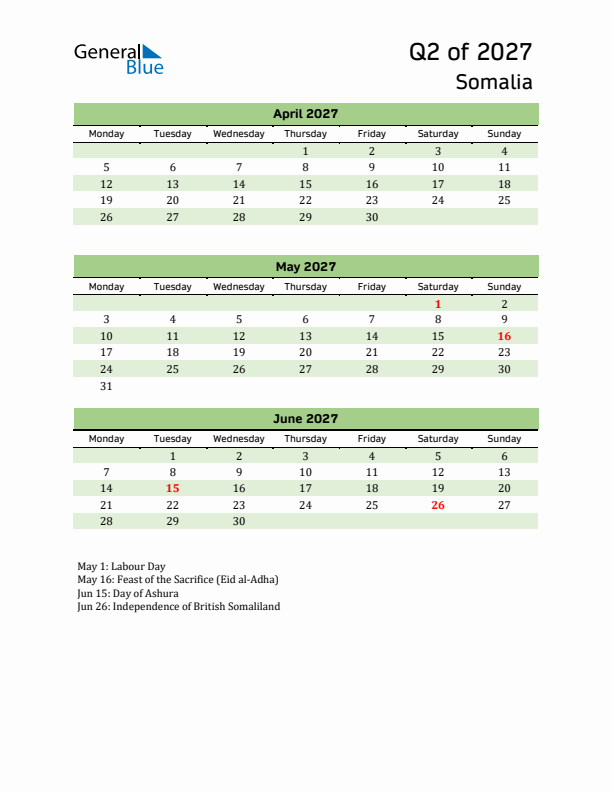 Quarterly Calendar 2027 with Somalia Holidays