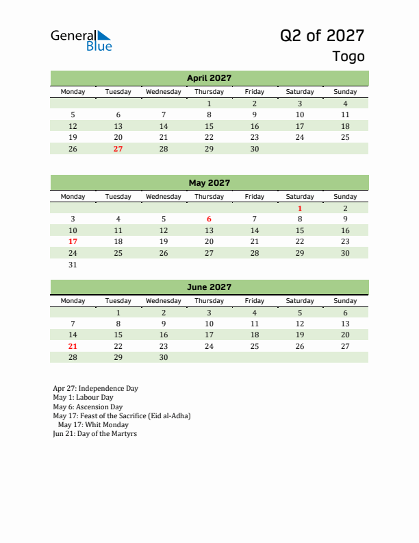 Quarterly Calendar 2027 with Togo Holidays