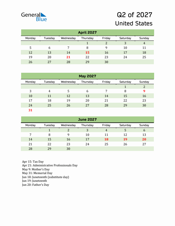 Quarterly Calendar 2027 with United States Holidays