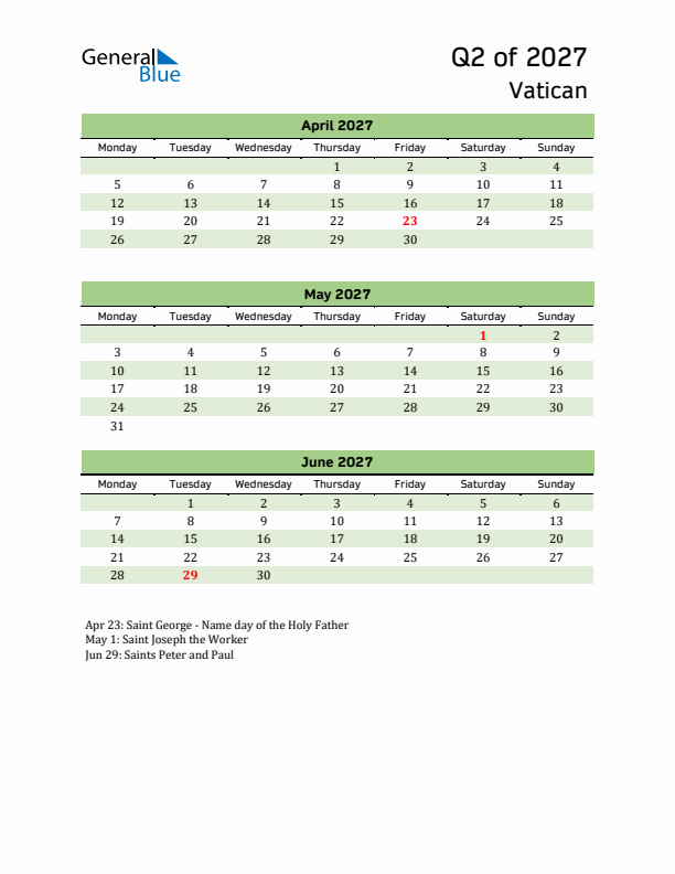 Quarterly Calendar 2027 with Vatican Holidays