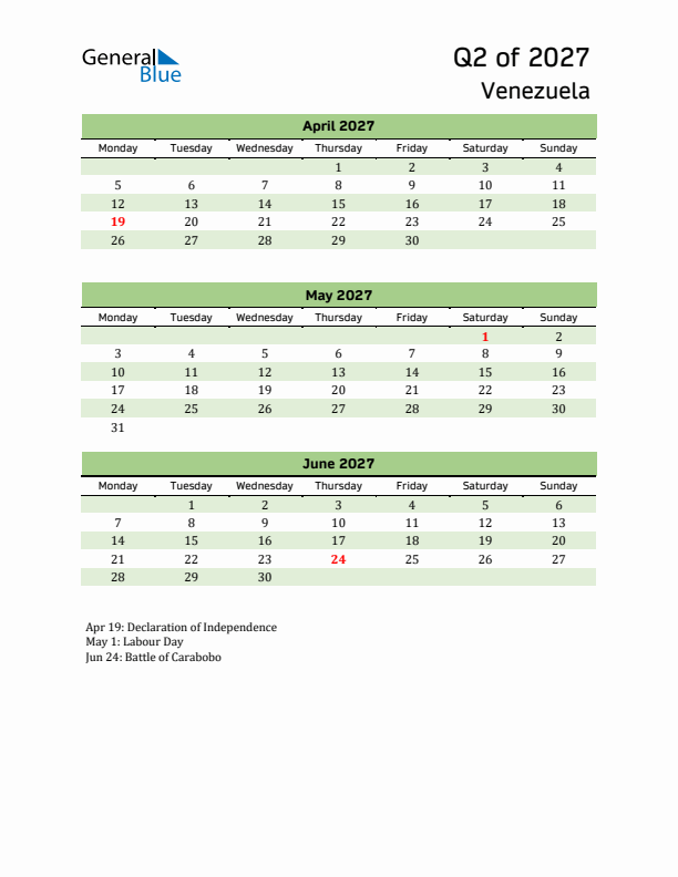 Quarterly Calendar 2027 with Venezuela Holidays