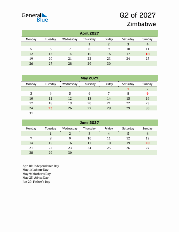 Quarterly Calendar 2027 with Zimbabwe Holidays