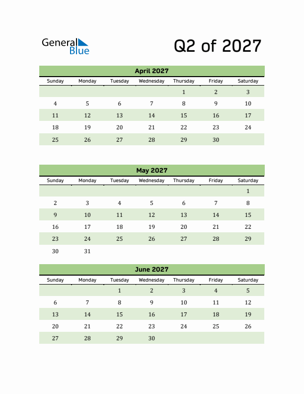 Printable Quarterly Calendar (Q2 2027)