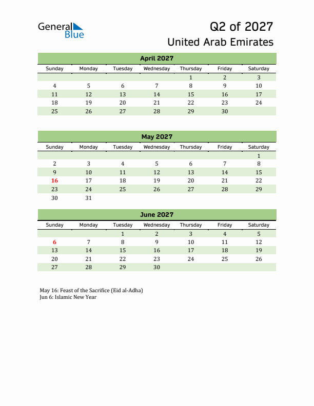 Quarterly Calendar 2027 with United Arab Emirates Holidays