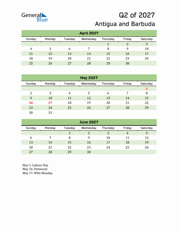 Quarterly Calendar 2027 with Antigua and Barbuda Holidays