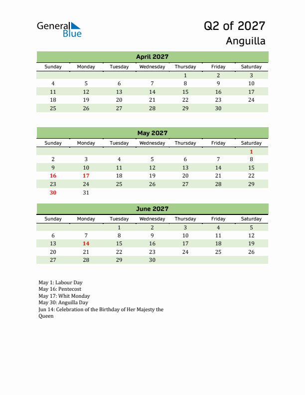 Quarterly Calendar 2027 with Anguilla Holidays