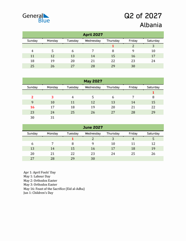 Quarterly Calendar 2027 with Albania Holidays