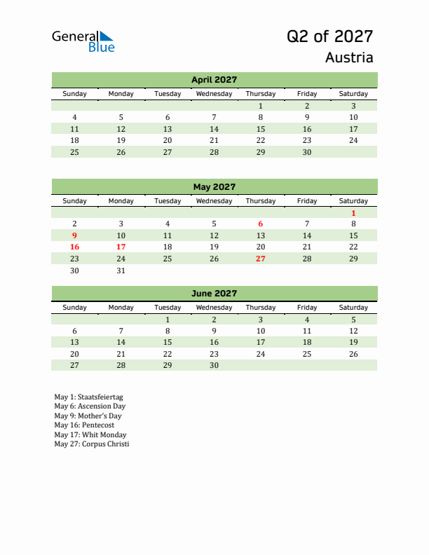 Quarterly Calendar 2027 with Austria Holidays