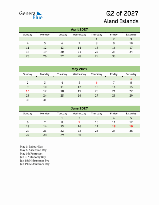 Quarterly Calendar 2027 with Aland Islands Holidays