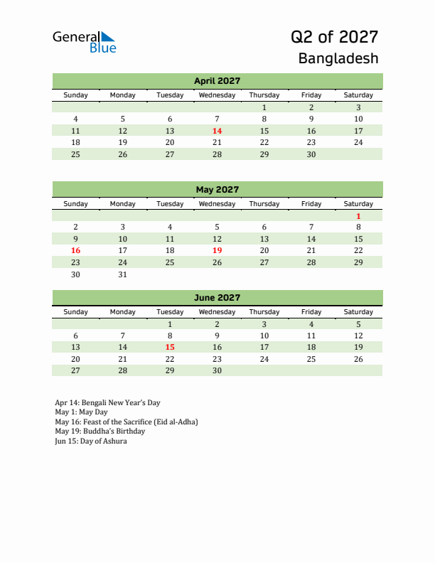 Quarterly Calendar 2027 with Bangladesh Holidays