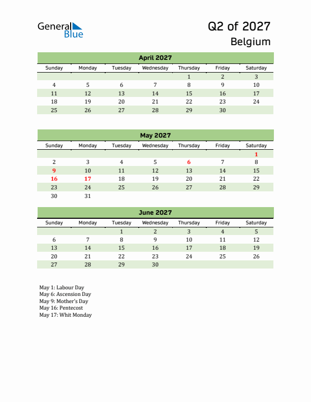 Quarterly Calendar 2027 with Belgium Holidays