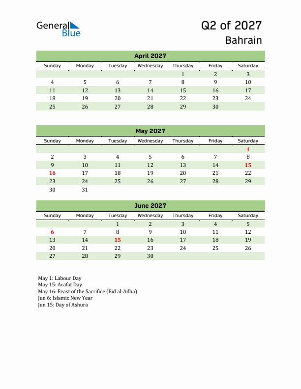 Quarterly Calendar 2027 with Bahrain Holidays