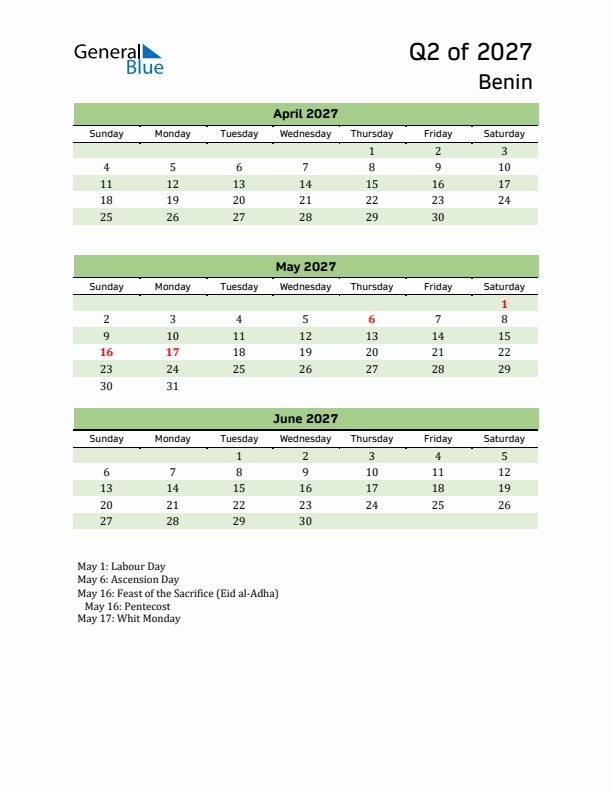 Quarterly Calendar 2027 with Benin Holidays