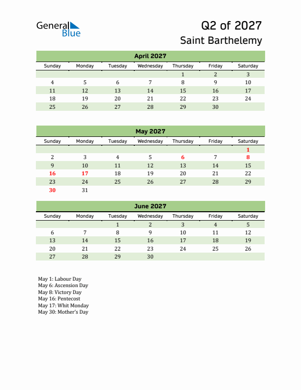 Quarterly Calendar 2027 with Saint Barthelemy Holidays