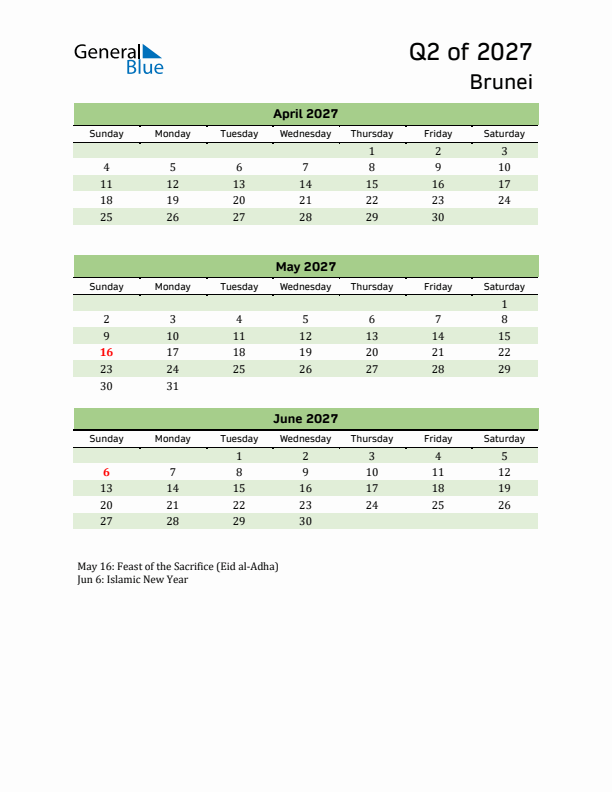 Quarterly Calendar 2027 with Brunei Holidays