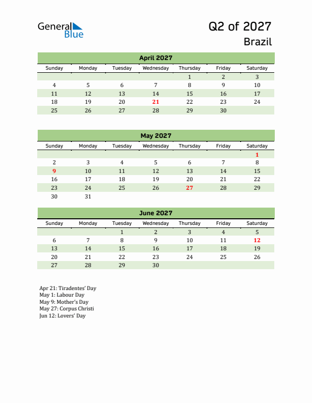 Quarterly Calendar 2027 with Brazil Holidays