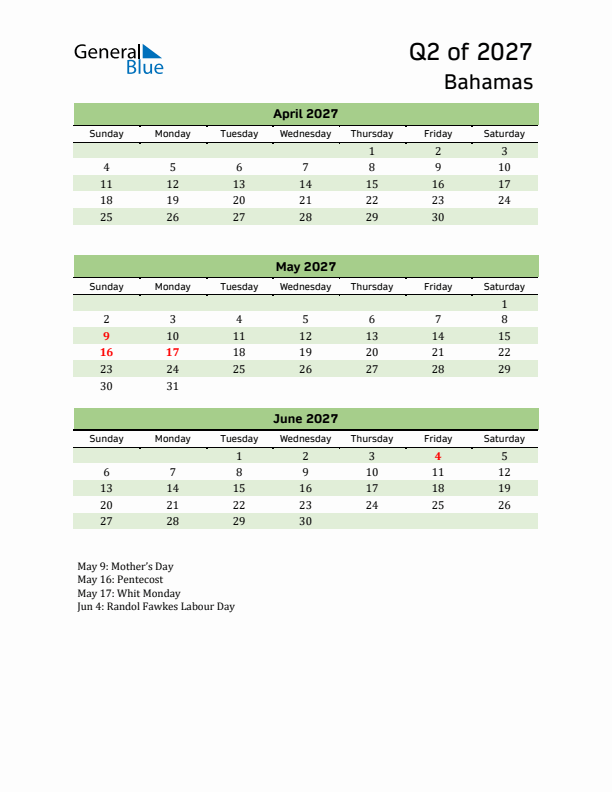 Quarterly Calendar 2027 with Bahamas Holidays