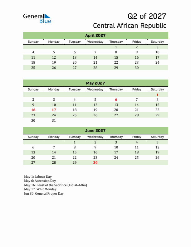 Quarterly Calendar 2027 with Central African Republic Holidays