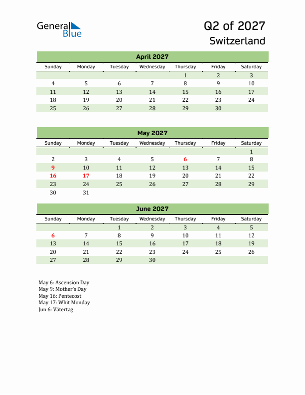 Quarterly Calendar 2027 with Switzerland Holidays