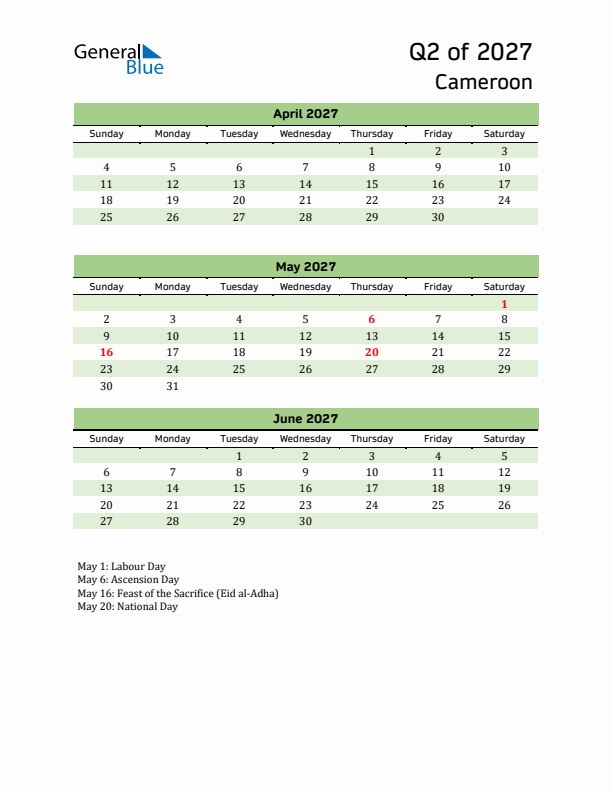 Quarterly Calendar 2027 with Cameroon Holidays