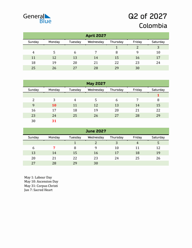 Quarterly Calendar 2027 with Colombia Holidays