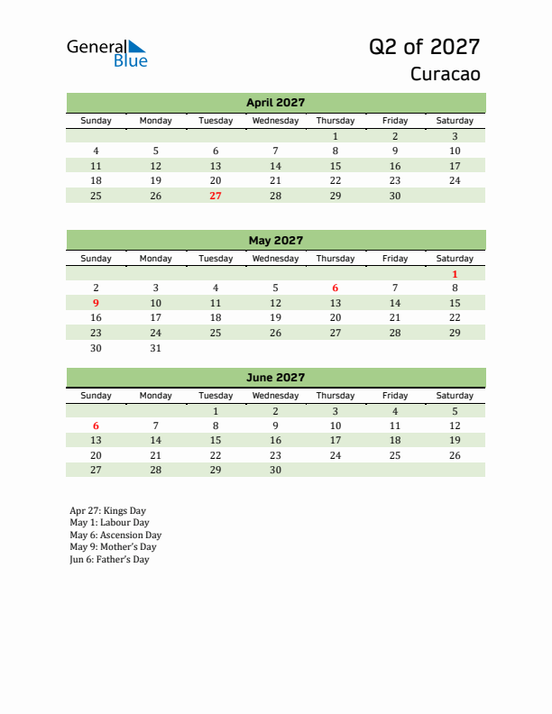 Quarterly Calendar 2027 with Curacao Holidays