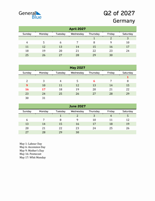 Quarterly Calendar 2027 with Germany Holidays