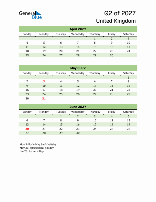 Quarterly Calendar 2027 with United Kingdom Holidays