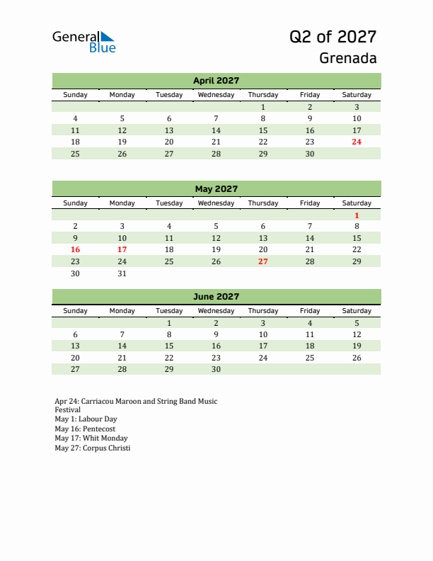 Quarterly Calendar 2027 with Grenada Holidays