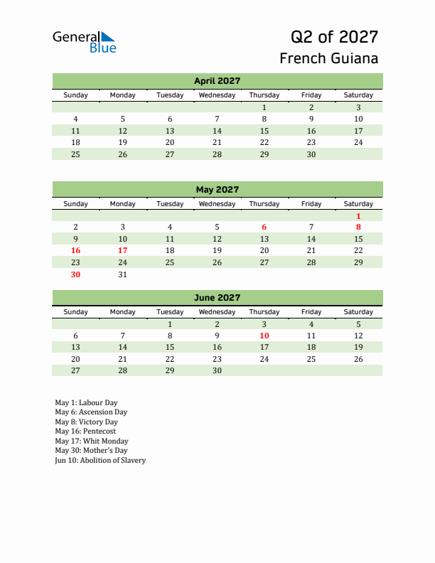 Quarterly Calendar 2027 with French Guiana Holidays