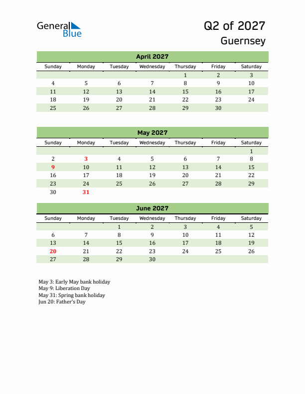 Quarterly Calendar 2027 with Guernsey Holidays