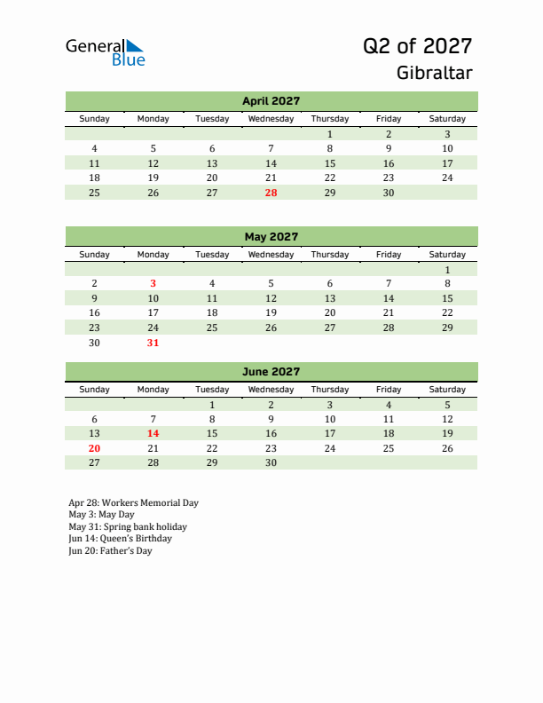 Quarterly Calendar 2027 with Gibraltar Holidays