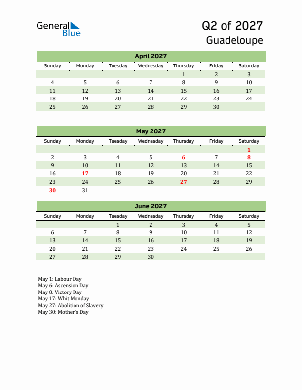 Quarterly Calendar 2027 with Guadeloupe Holidays