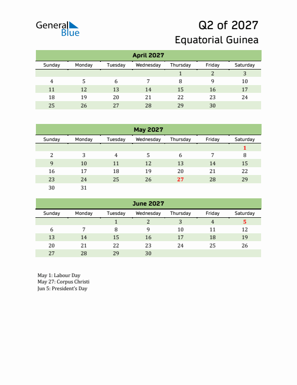 Quarterly Calendar 2027 with Equatorial Guinea Holidays