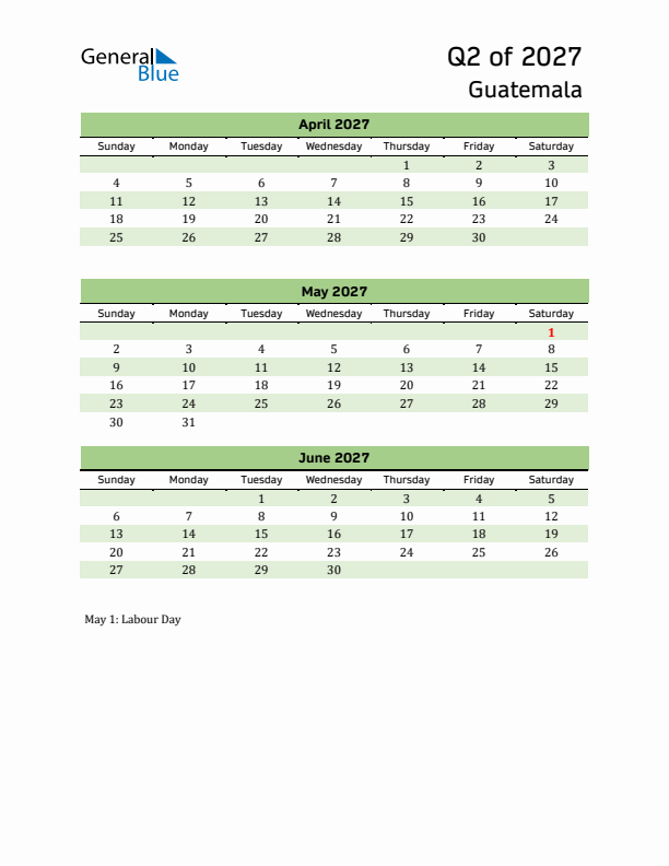 Quarterly Calendar 2027 with Guatemala Holidays