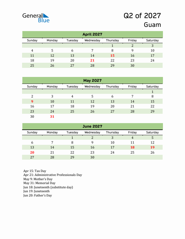 Quarterly Calendar 2027 with Guam Holidays