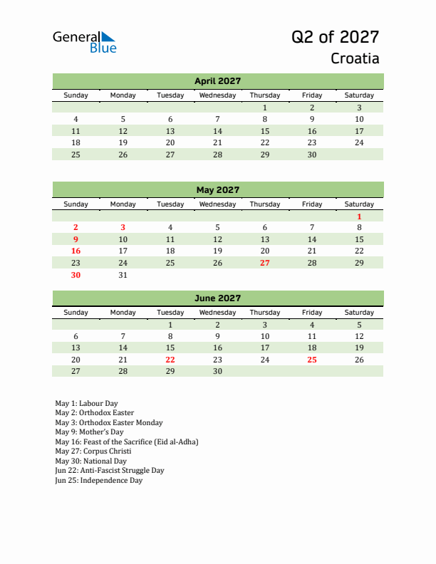 Quarterly Calendar 2027 with Croatia Holidays